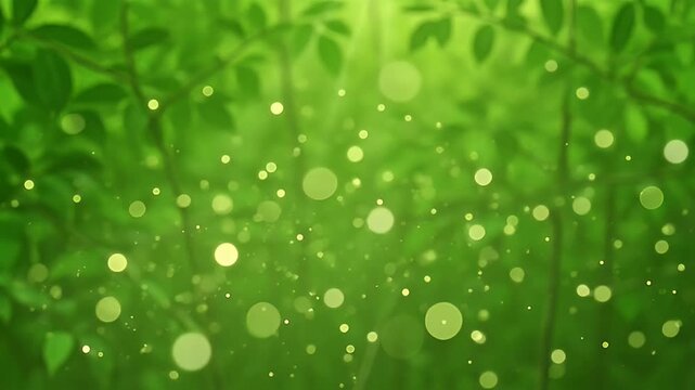 Lush green forest scene with dappled sunlight and sparkling bokeh lights