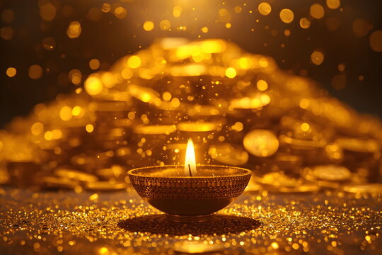 Glowing Traditional Diya Oil Lamp in Front of a Mound of Gold Coins with Bokeh