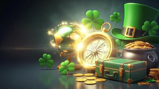 St Patrick Day festive items composition: a globe, compass, clovers and a green hat with gold coins. Celebratory concept for St Patrick Day.