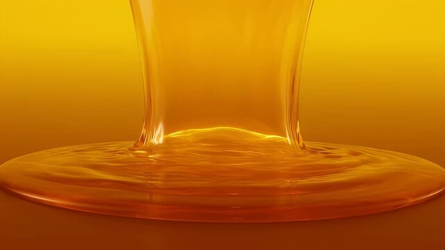 Viscous amber liquid pouring and spreading on a surface with golden backlight