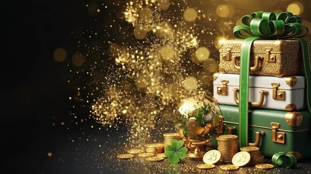 Stack of green and gold suitcases, coins, globe, and shamrock. St Patricks Day celebration of luck and travel. Holiday banner design.