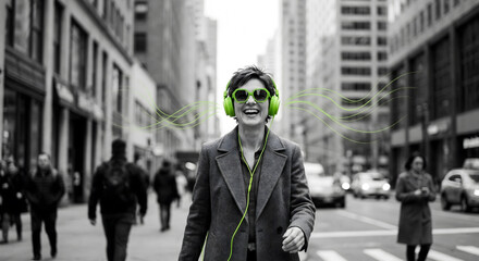 Futuristic city street portrait of a person with green neon tech glasses