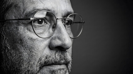 Black and white side profile portrait of a senior man wearing glasses