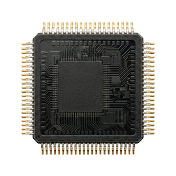 Detailed macro view of a black microchip processor