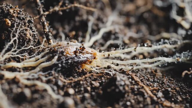 Close-up of plant roots growing in dark brown soil with visible dirt and debris.