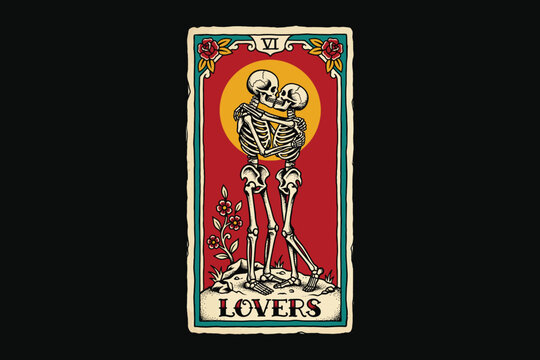 Skeleton lovers holding hands tarot card vector illustration flat design