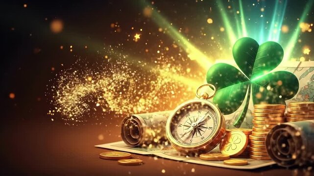 Golden compass, map and coins with cloverleaf for St Patricks Day celebration. Luck and treasure quest concept for holiday design.
