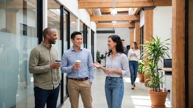 Colleagues chatting in modern office hallway with coffee