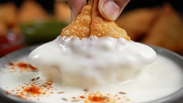 Close Up Of A Hand Dipping A Golden Brown Fried Samosa Into A Bowl Of Creamy White Yogurt Dip Garnished With Spices And Cumin Seeds With More Samosas In The Blurred Background Indoors