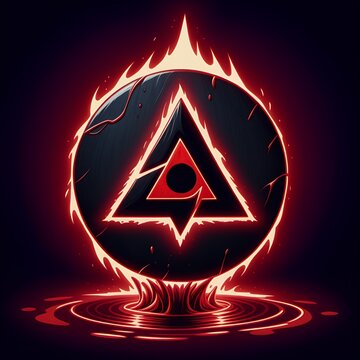 Intense red energy radiates from a mysterious triangle emblem, creating a powerful and captivating visual for gaming, technology, or fantasy designs