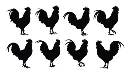Seven black silhouettes of roosters in different poses © SILHUETTECHEMBER