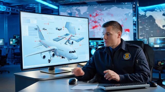 Man in uniform analyzing aircraft data
