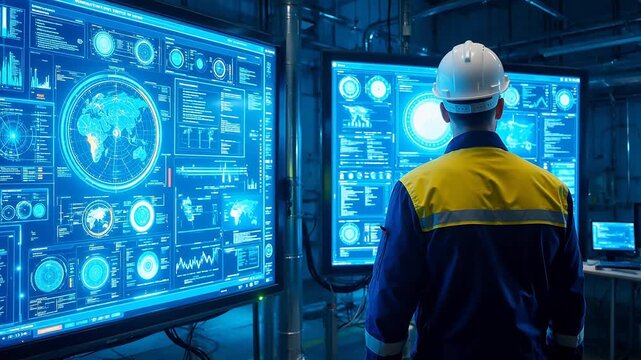Person in high vis jacket viewing data dashboards