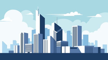Obraz premium Modern city skyline illustration featuring various blue skyscrapers and architectural buildings under a clear sky.