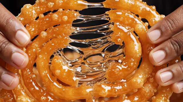 Close up of hands holding golden brown sweet jalebi dessert dripping with syrup in a macro shot with dark background highlighting the sticky texture and intricate spiral shape of the Indian pastry
