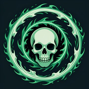 Eerie skull encircled by swirling green flames, perfect for spooky Halloween designs and edgy marketing materials needing a touch of dark fantasy charm