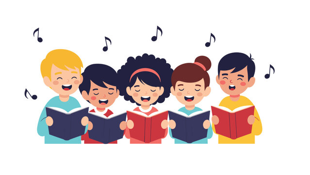 Group of diverse children singing joyfully together in a choir while holding open songbooks with musical notes above them.