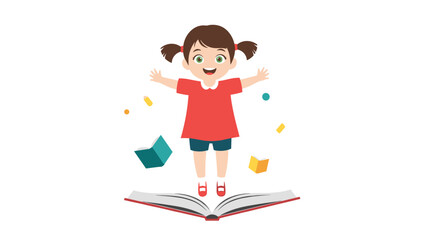 Fototapeta premium Excited young girl jumping for joy above an open book with flying school supplies and shapes representing creative learning.