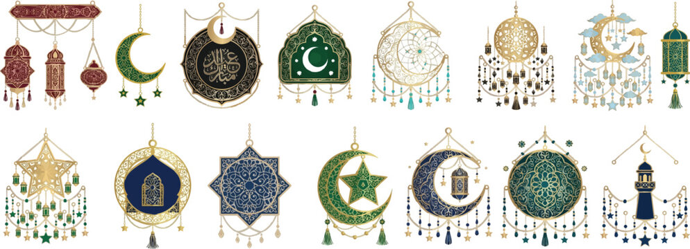Web Islamic Hanging Ornament Vector Bundle with Moon, Star, and Lantern Designs, Luxury Gold and Green Eid Mubarak Decorations for Ramadan Kareem and Eid al-Fitr Celeb