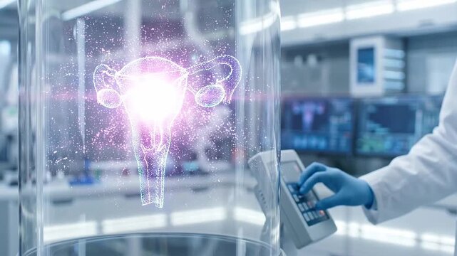 Female organ anatomy uterus ovary cervix hologram medical research laboratory doctor hand digital device futuristic glowing holographic model in sterile lab environment
