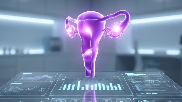 Female organ anatomy uterus ovary cervix hologram medical technology concept glowing 3d model modern clinic background focus reproductive health education with futuristic lab digital interface