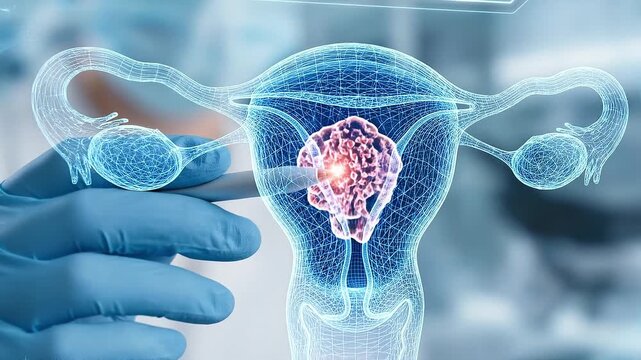 Female organ anatomy uterus ovary cervix medical illustration hologram gynecology doctor technology touch screen science research diagnosis health care innovation education fertility treatment disease