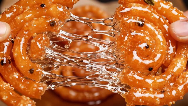 Golden Sweet Jalebi Dessert Being Pulled Apart Revealing Sticky Syrup Texture and Crispy Swirls Held by Hands Against Blurred Brown Background Close Up Macro Shot