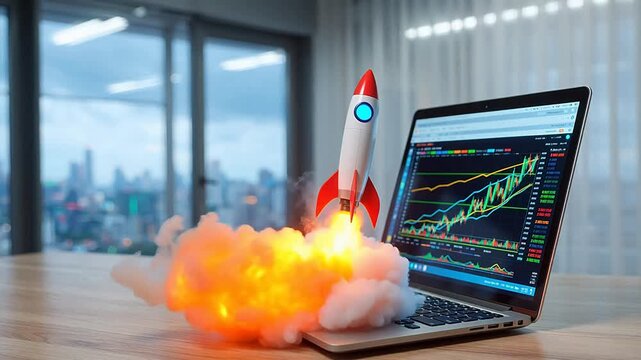 Laptop with rocket launching from screen