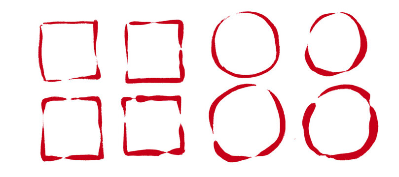 赤色の筆描きフレームセット 四角と丸の判子風デザイン ベクター