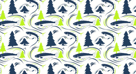 Obraz premium Seamless Pattern: Salmon Fish and Pine Trees, Abstract Swirls, Nature Motif
