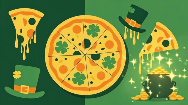 Pizza with shamrocks, leprechaun hats, and a pot of gold on green background. St. Patricks Day celebration flat lay food minimal design.