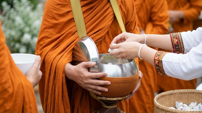A Buddhist monk in saffron robes receives food offerings into his alms bowl from devotees during a morning ritual devotion tradition culture spiritual religion asia donation