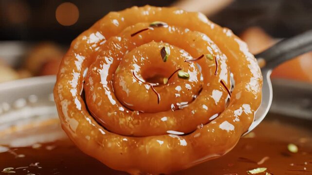 A Close up of a Golden Spiral Shaped Sweet Dessert Dipped in Syrup Garnished with Saffron Strands and Chopped Pistachios served on a Metal Plate with a Serving Spoon