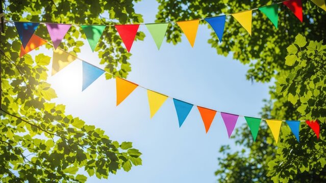 Colorful triangle bunting flags against a bright blue sky and lush greenery