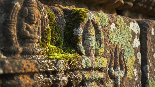 Ancient Stone Carvings Detailed Close Up With Green Moss And Lichen In Warm Golden Hour Light Ancient Southeast Asian Temple Architecture Textured Surface With Sculpted Figures