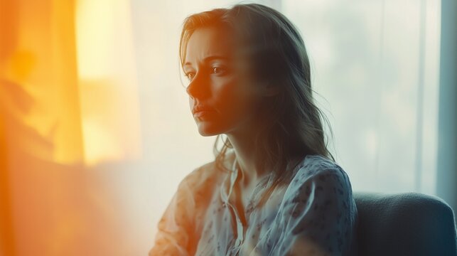 Sadness of a Young Lonely Woman Sitting at Home Suffering from Depression Anxiety or Mental Health Problems Looking Pensive and Thoughtful
