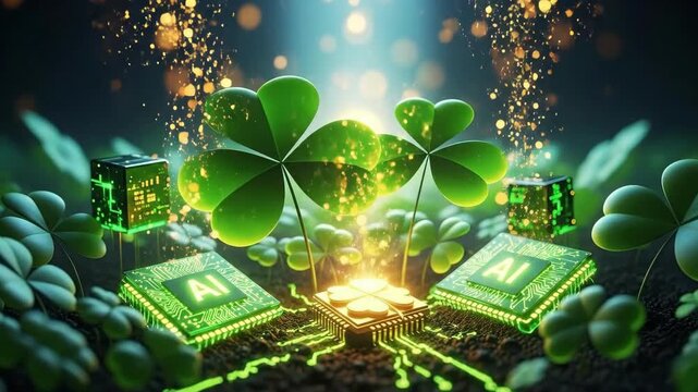 Artificial intelligence microchips and clover leaves growing from soil. Digital innovation with nature concept for St. Patricks Day.
