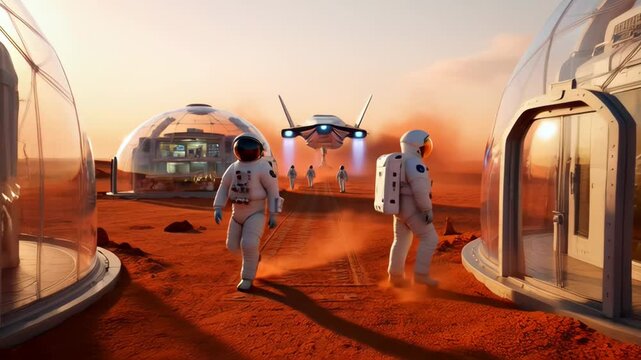 Astronauts explore a futuristic Mars colony with dome habitats and a spacecraft landing on the red planet.