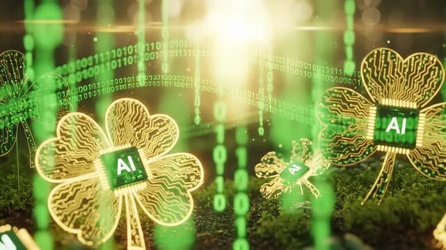 Glowing AI circuit shamrocks on green moss. Artificial intelligence and digital luck for St. Patricks Day celebration. Innovative technology future.