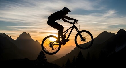 Obraz premium Mountain Biker in Mid Air at Sunset.