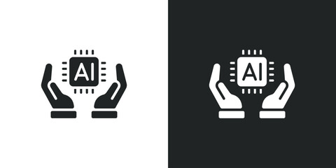 Obraz premium Hands holding a computer processor chip representing smart technology and machine learning digital innovation. Filled single symbol. Flat style sign. Solid glyph vector illustration