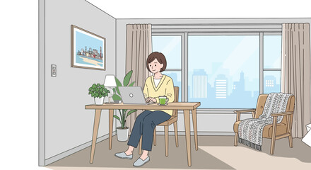 Fototapeta premium Woman working from home on laptop, comfortable home office with city view