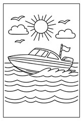 Fototapeta premium Speedboat cruising quickly across wavy ocean water with sun and clouds motion footage on white background