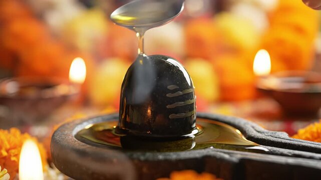 Close Up Of A Sacred Shiva Lingam Being Anointed With Oil During A Devotional Ritual With Soft Bokeh Background Lights And Marigold Flowers