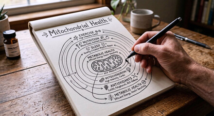Naklejka premium Mitochondrial Health Biohacking Diagram Energy Metabolism Longevity