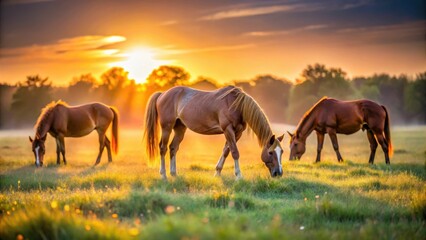 A realistic photo of Horses grazing during sunrise in rural Texas meadow on ranch