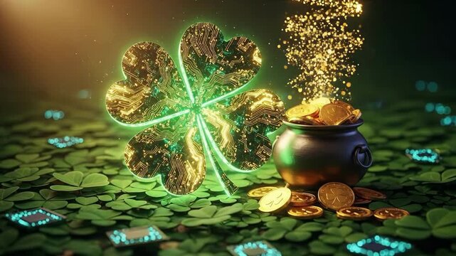 Digital four leaf clover with circuit board pattern glowing on a field of shamrocks next to a pot of gold coins for St. Patricks Day.