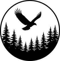 Fototapeta premium Vector bald eagle soars over forest trees circle silhouette illustration