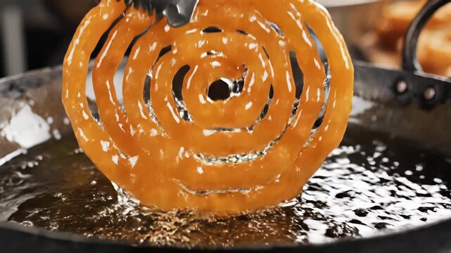Close Up Of Golden Brown Jalebi Being Fried In Hot Oil In A Wok With Tongs Holding The Sweet Dough And Droplets Of Oil Falling Down With A Slightly Blurred Background Of A Kitchen Setting