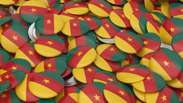 Pile of round glossy buttons featuring the green red and yellow flag of Cameroon